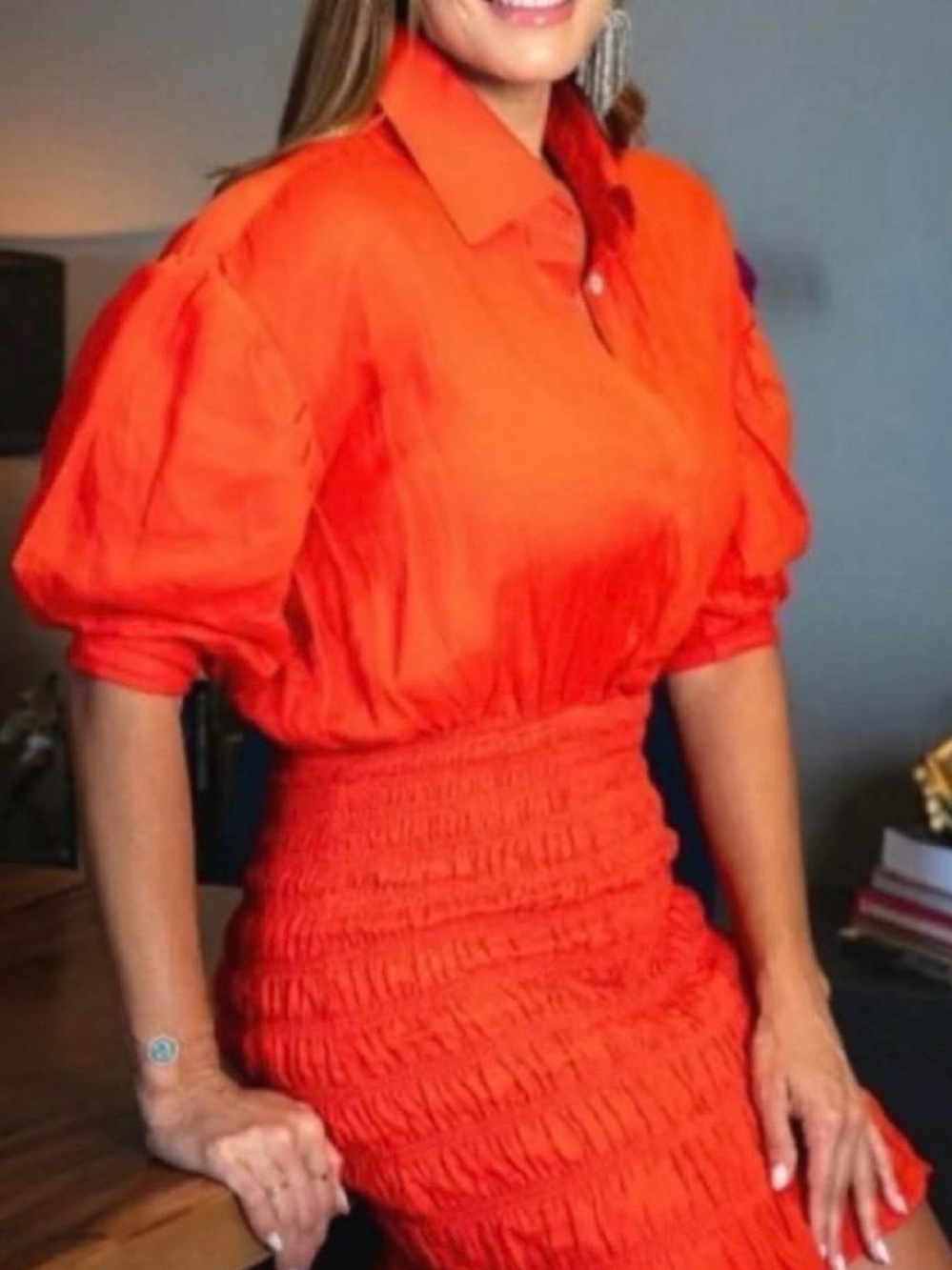 Frame Denim Smocked Puff Sleeve Mini Dress in Mandarin